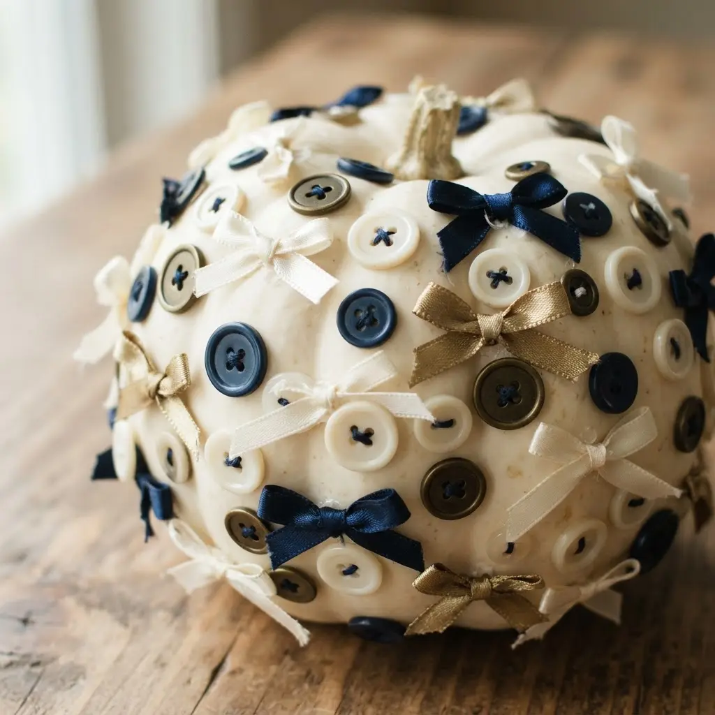 A pumpkin covered in a collection of colorful buttons and small fabric bows.