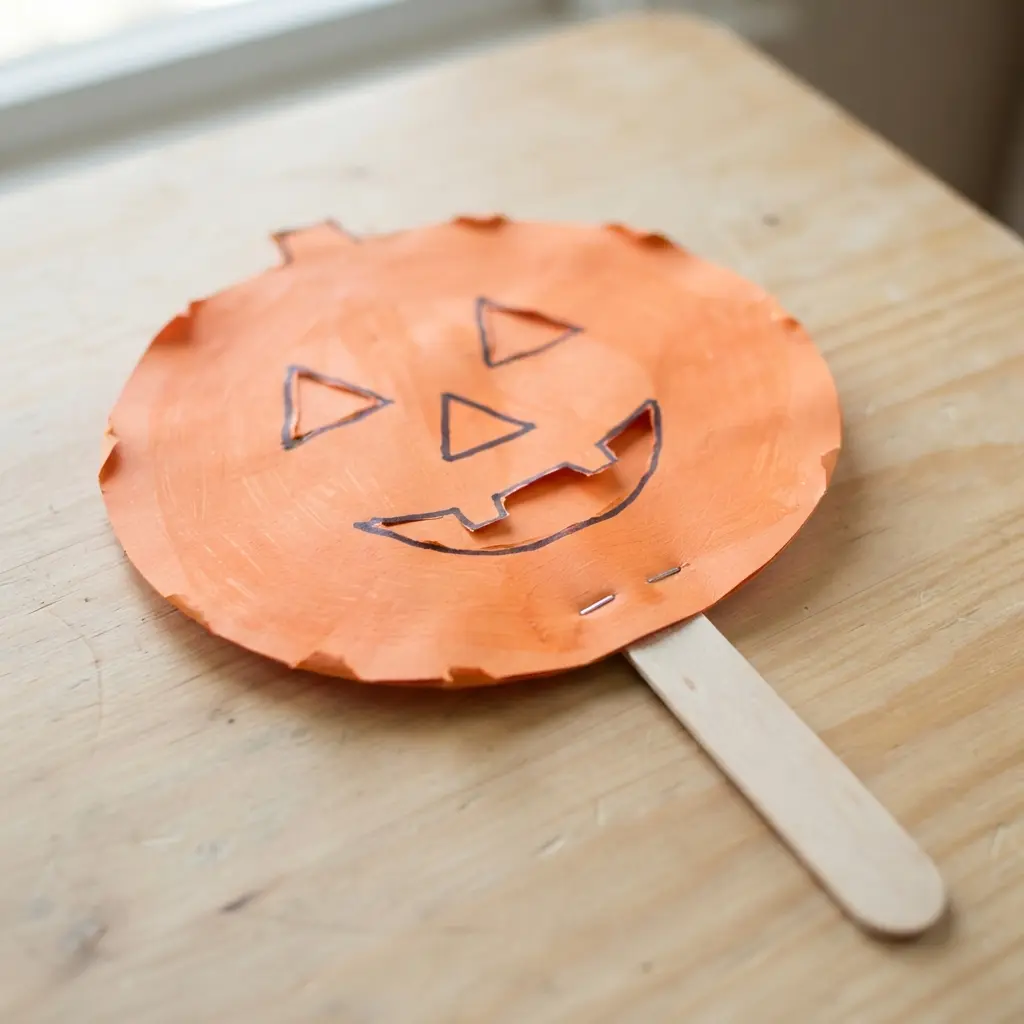 A paper plate painted orange with cut-out eyes and a mouth, held with a popsicle stick.