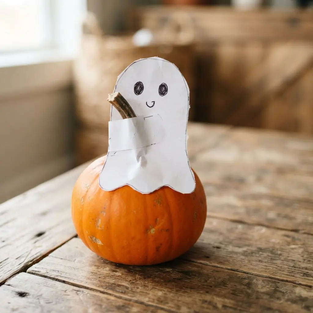 A simple white paper ghost with a black face, attached to the stem of a pumpkin.
