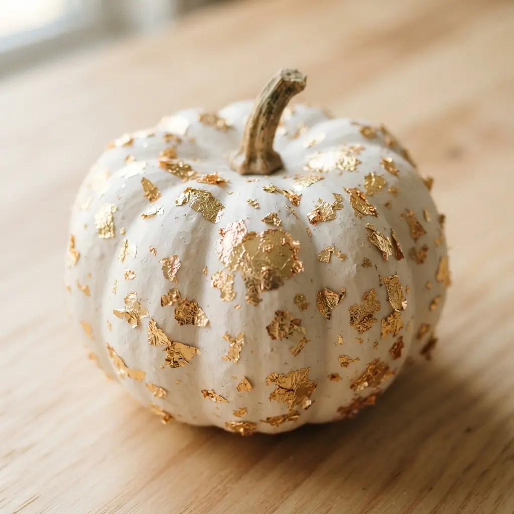 Small white pumpkins lightly adorned with flakes of metallic gold leaf.