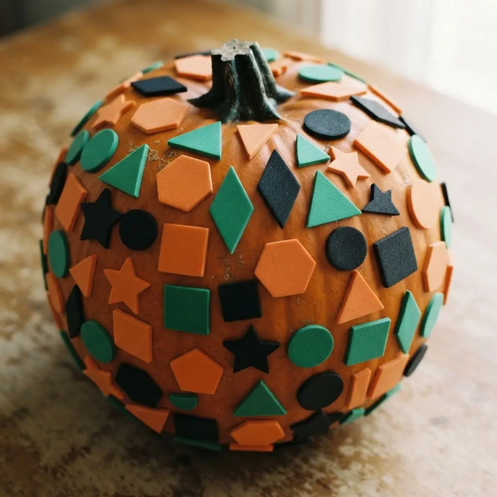 A pumpkin decorated with various foam stickers in shapes like triangles, squares, and circles.