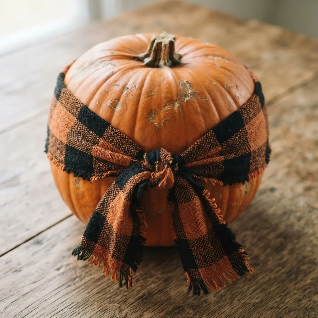 A medium-sized pumpkin wrapped with a black and orange plaid ribbon.