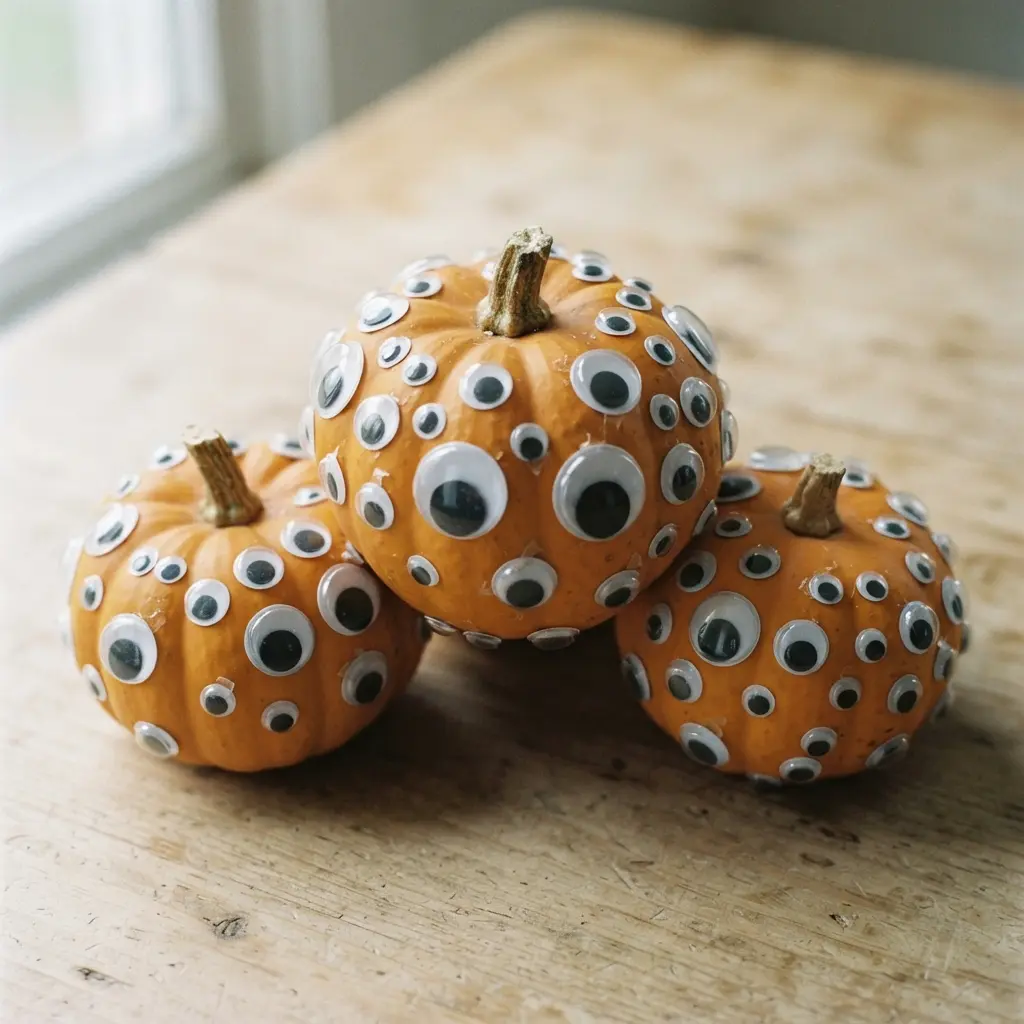 A group of three small pumpkins covered in assorted sizes of adhesive googly eyes.