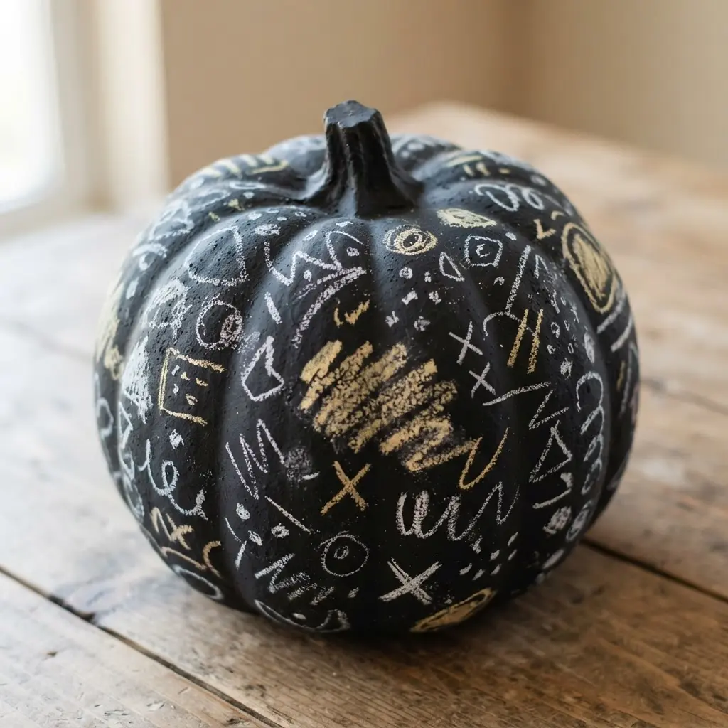 A faux pumpkin painted with black chalkboard paint, covered in white and yellow chalk doodles.