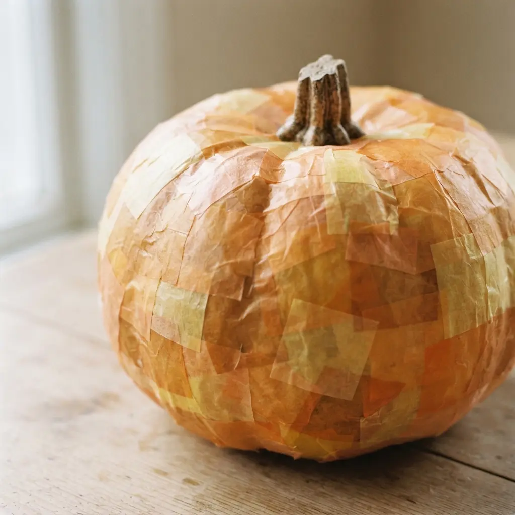A faux pumpkin decorated with overlapping pieces of tissue paper using decoupage glue.