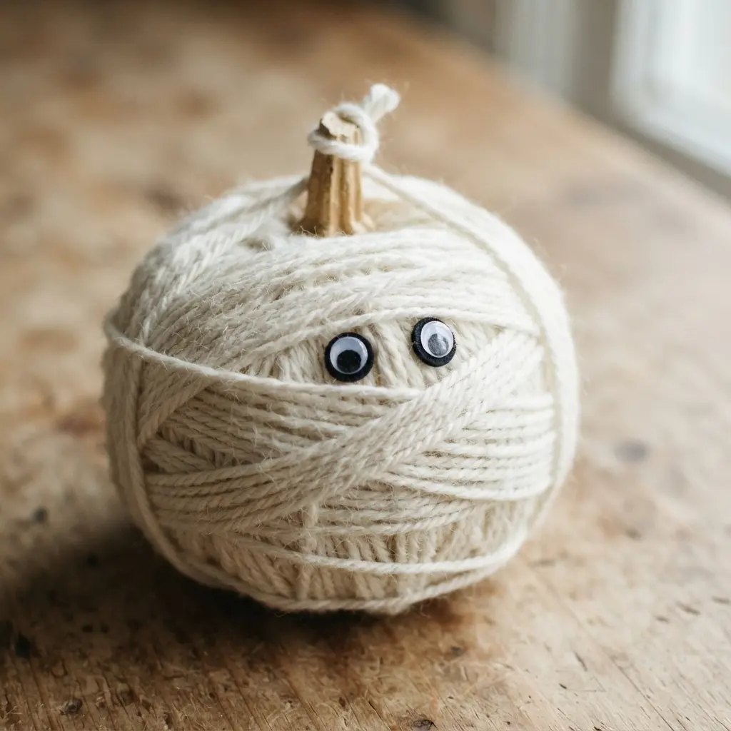 A small pumpkin completely wrapped in white yarn to resemble a mummy.
