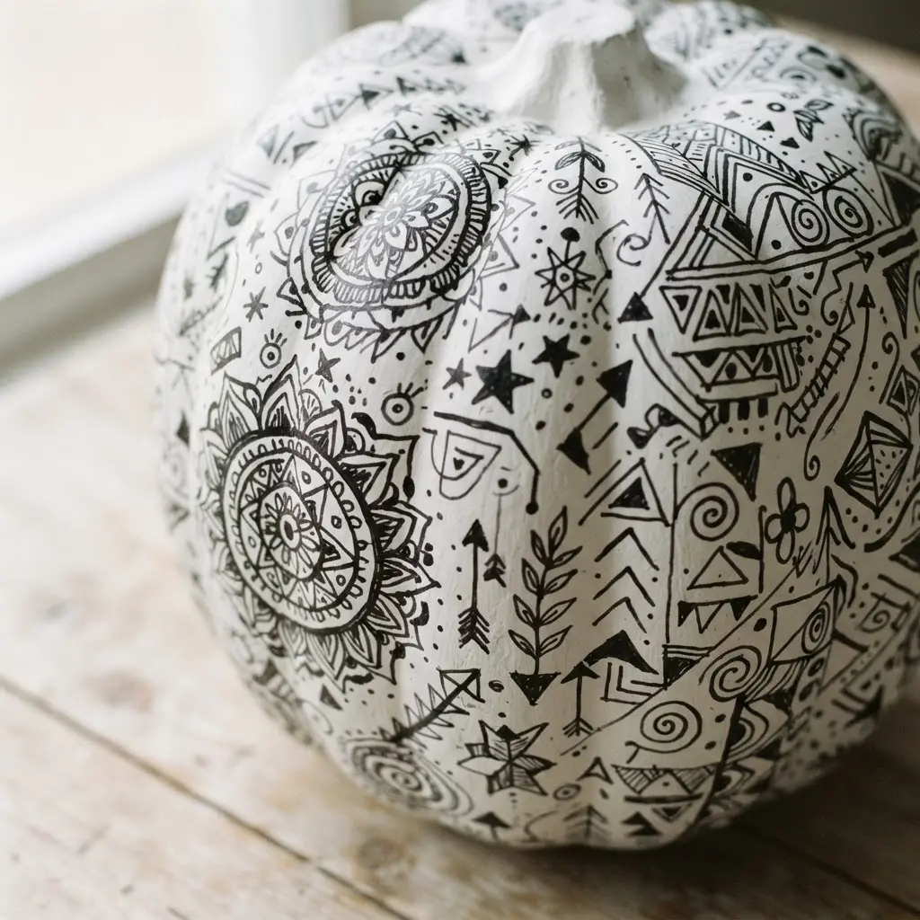 A white faux pumpkin decorated with detailed black Sharpie drawings and patterns.