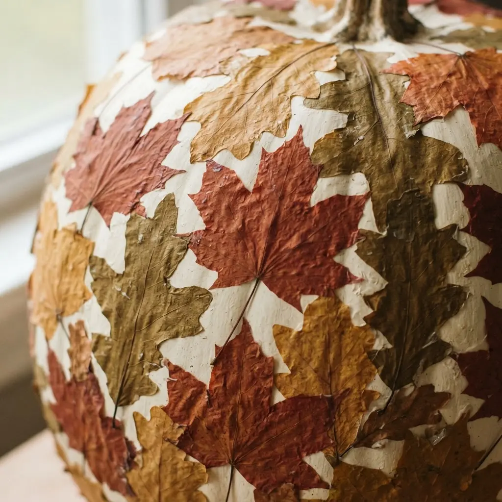 A pumpkin surface covered in an arrangement of pressed autumn leaves.