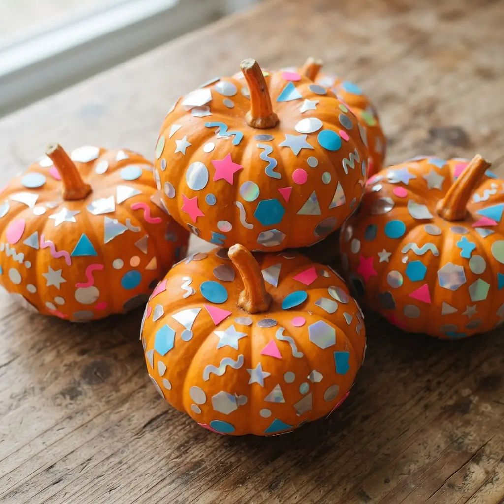 Several miniature pumpkins densely covered in assorted colorful stickers.