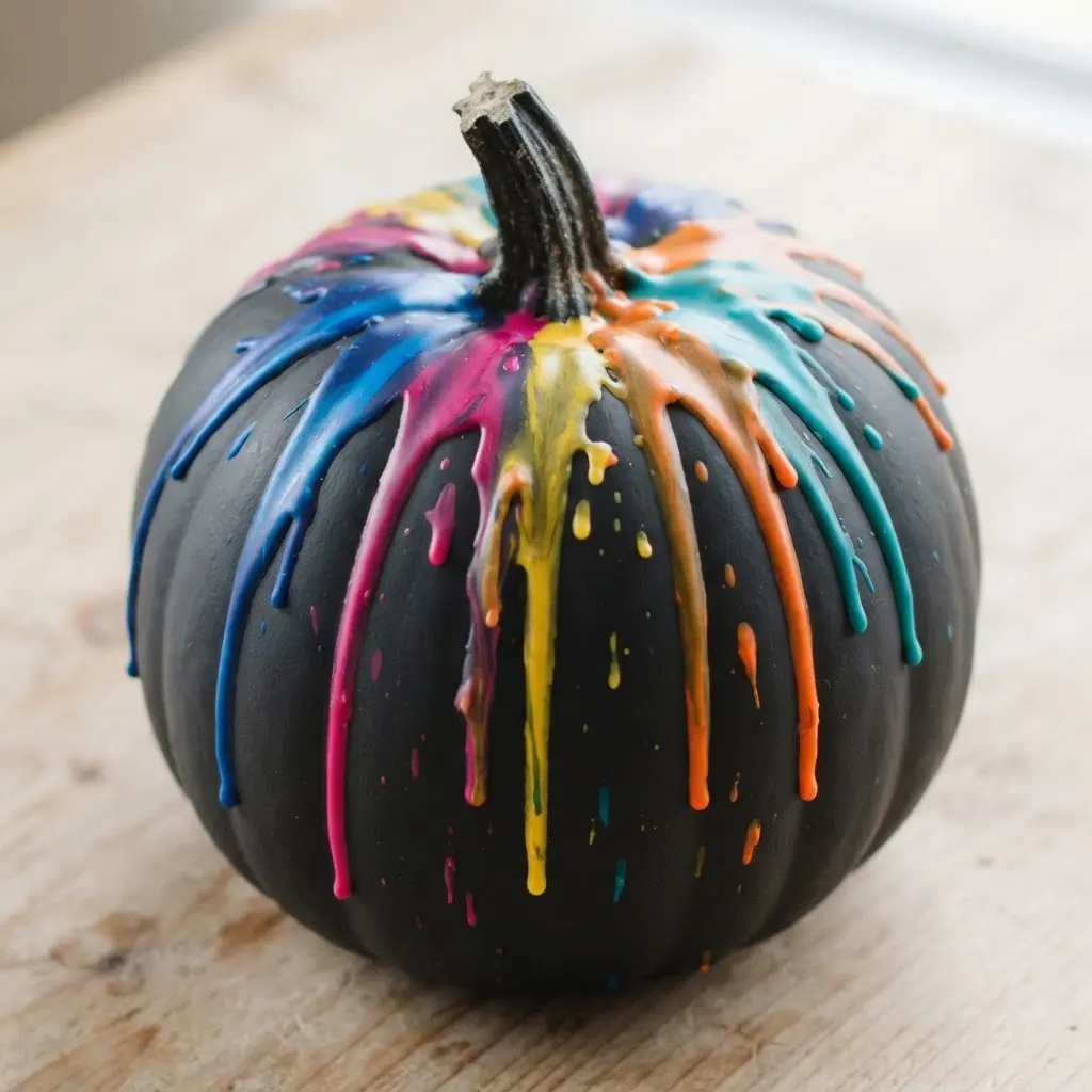 A faux pumpkin with multi-colored melted crayon wax dripped down its surface.