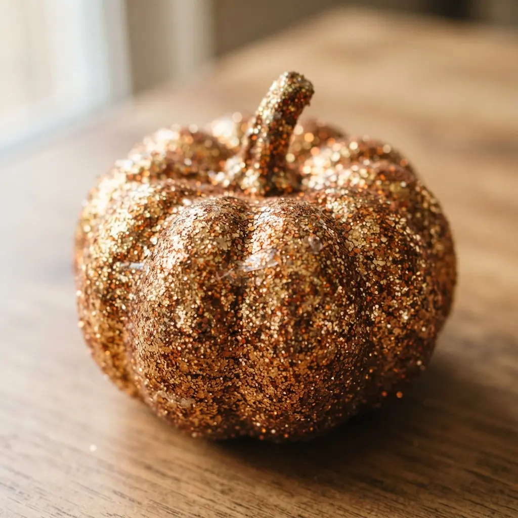 A small pumpkin completely coated in fine gold glitter.