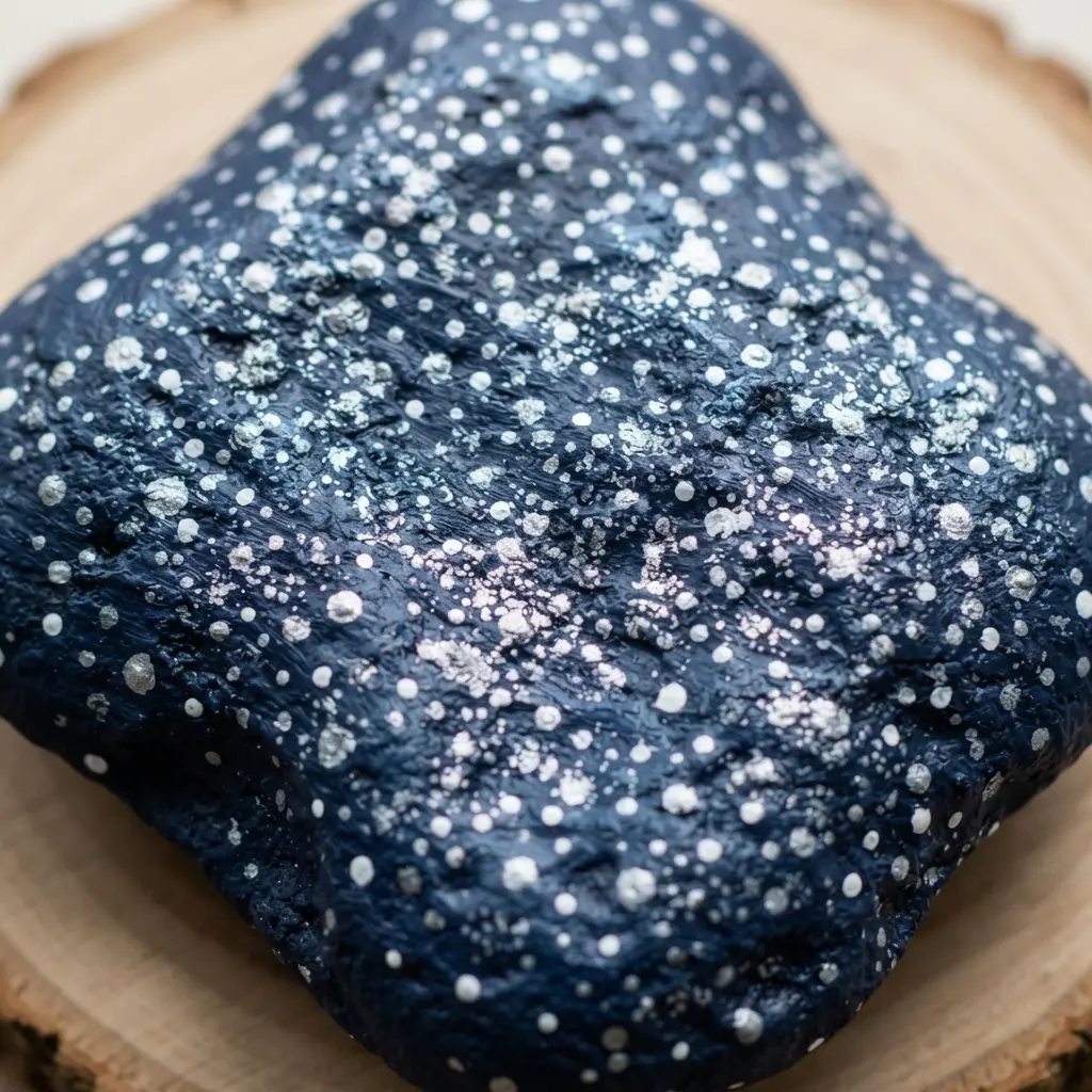 A night sky rock painting with a deep blue base and clusters of small white and silver star dots.