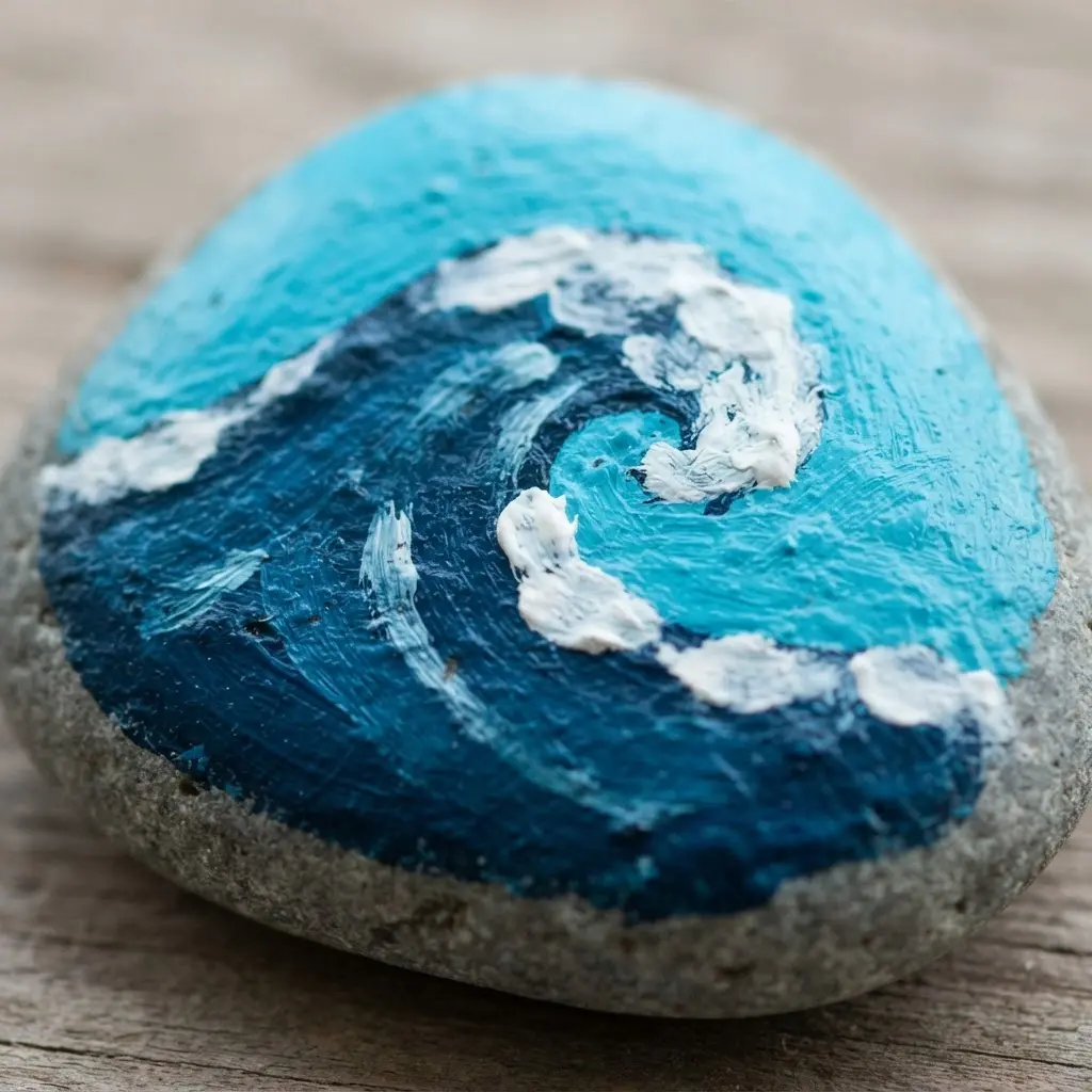 A simple ocean wave painted on a smooth pebble using shades of blue and white for the crest.