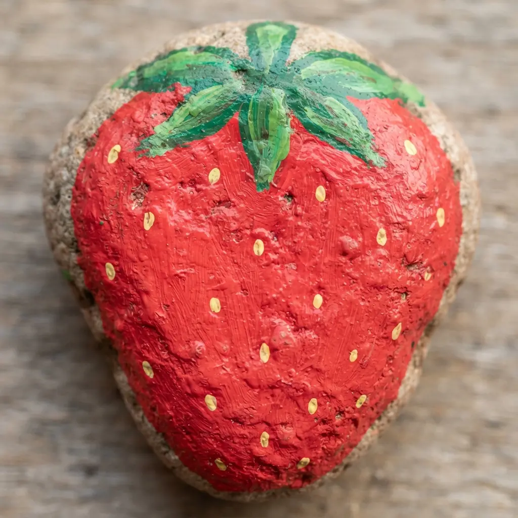 A cute and easy rock painting of a strawberry, featuring a red body, green leaves, and small seed details.