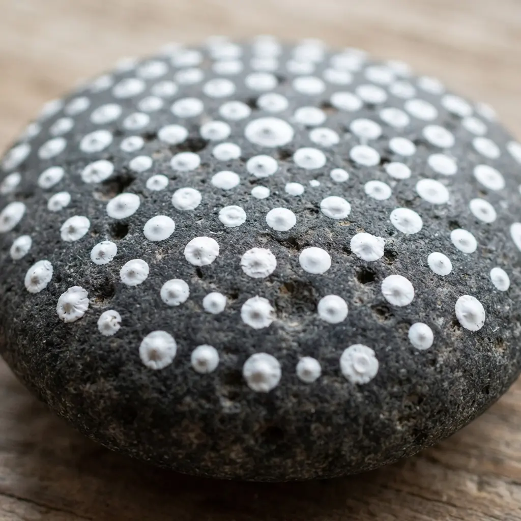 An easy painted rock design showing a clean, minimalist arrangement of small white dots on a dark stone.