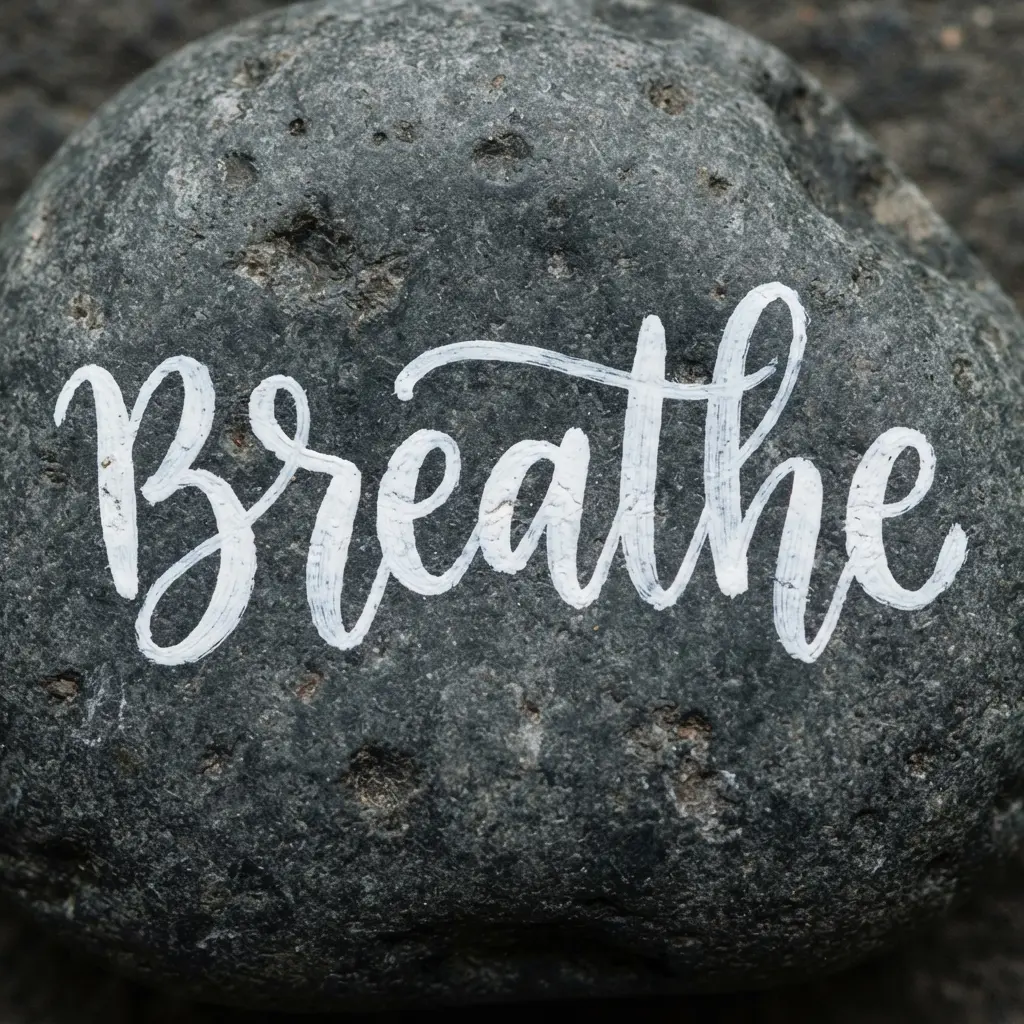 A simple painted rock idea featuring a positive word like 'joy' or 'peace' written neatly in one color.