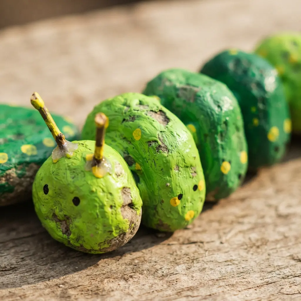 A creative rock painting project using multiple stones to create a segmented caterpillar with antennae.