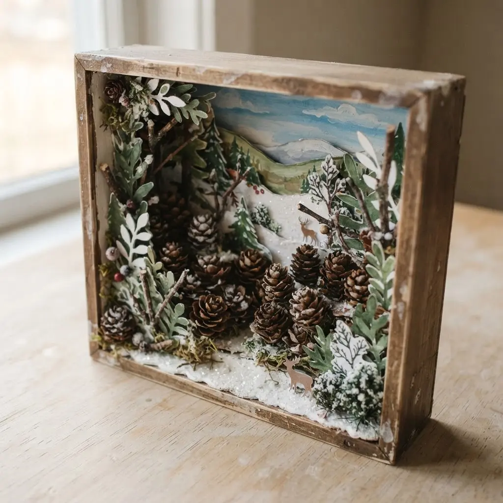 A small shadow box featuring miniature pinecone trees and faux snow on a layered paper background.