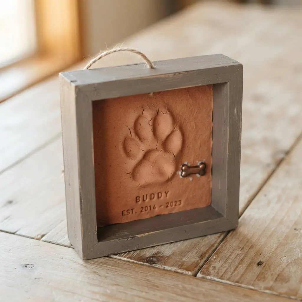 A sentimental shadow box ornament displaying a small clay paw print impression beside a miniature dog bone charm.