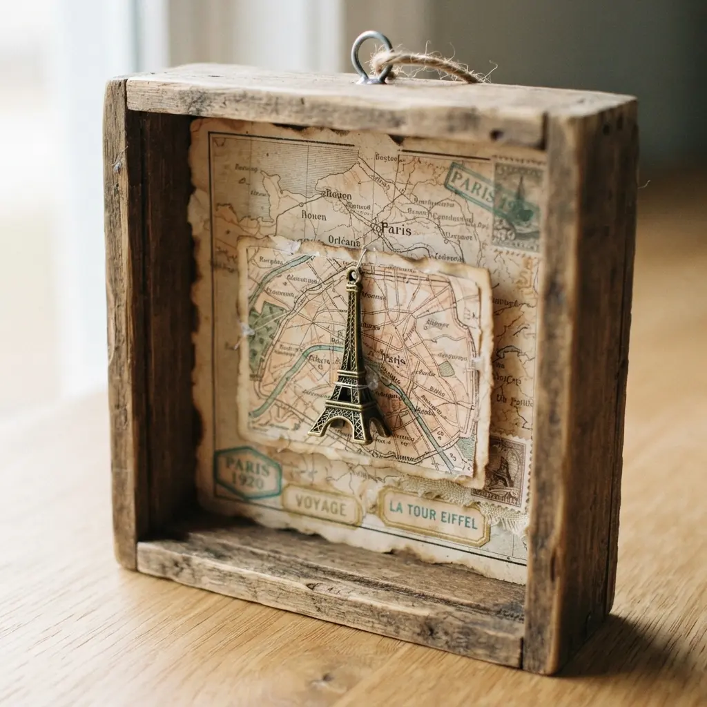 A shadow box ornament displaying a cut piece of vintage map paper with a miniature Eiffel Tower charm attached.