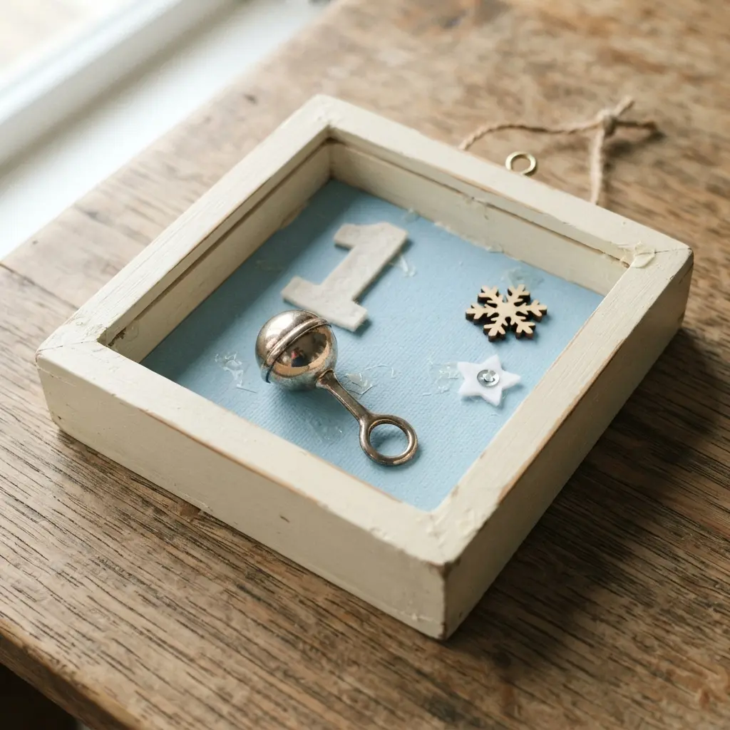 A delicate shadow box ornament with a tiny silver rattle, a felt '1', and soft blue backing paper.