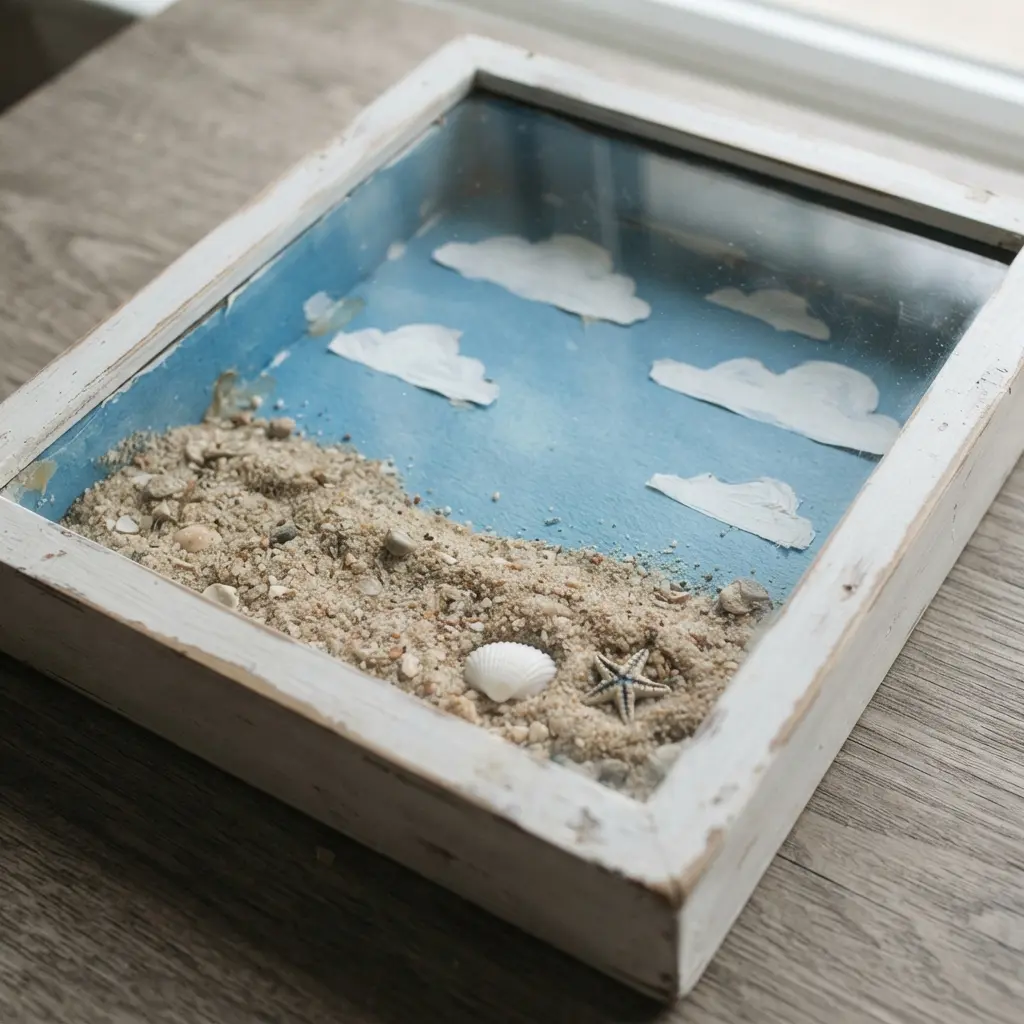 A shadow box ornament containing real sand, a small seashell, and a charm shaped like a starfish against a blue paper sky.
