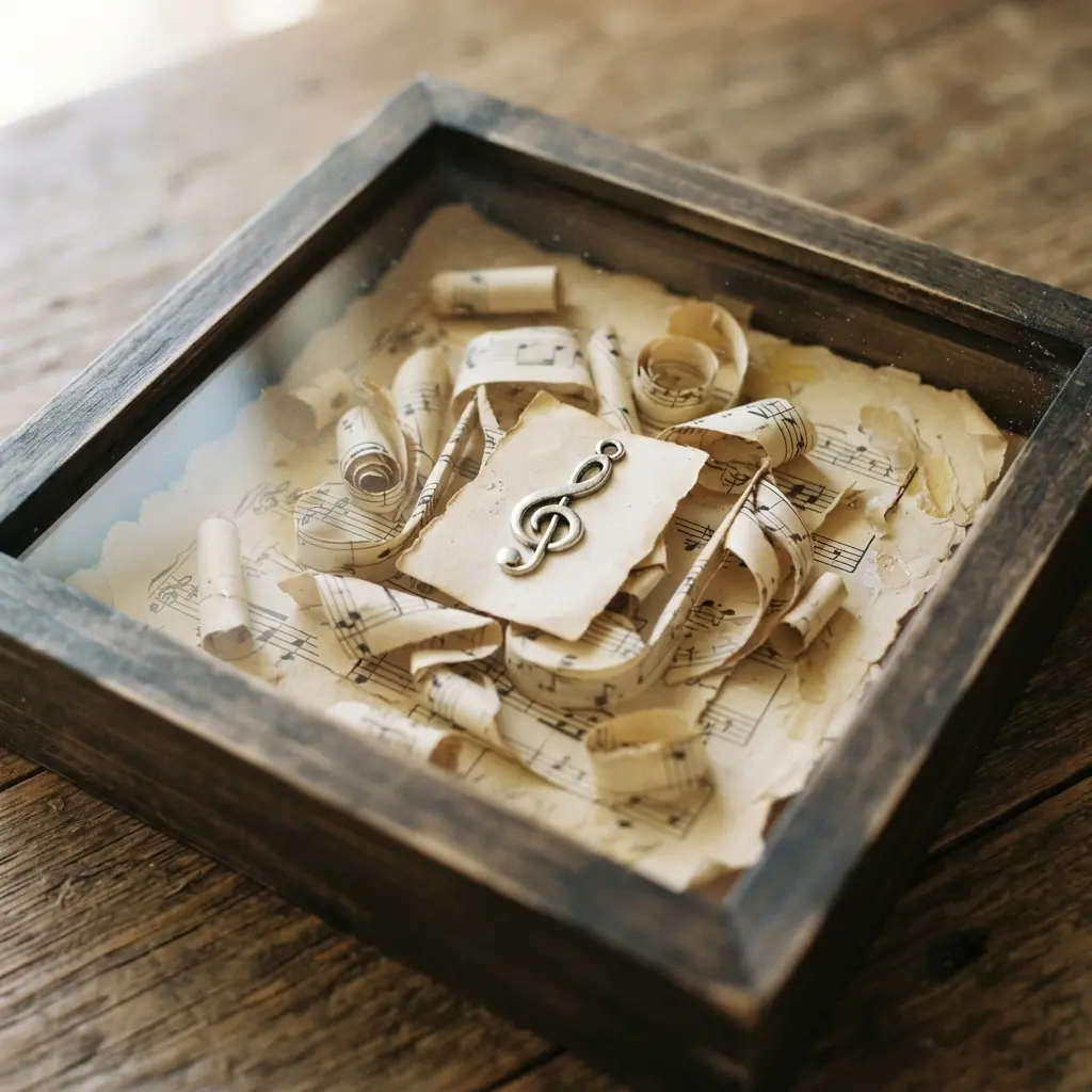 A shadow box ornament featuring a fragment of vintage sheet music layered behind a miniature silver treble clef charm.