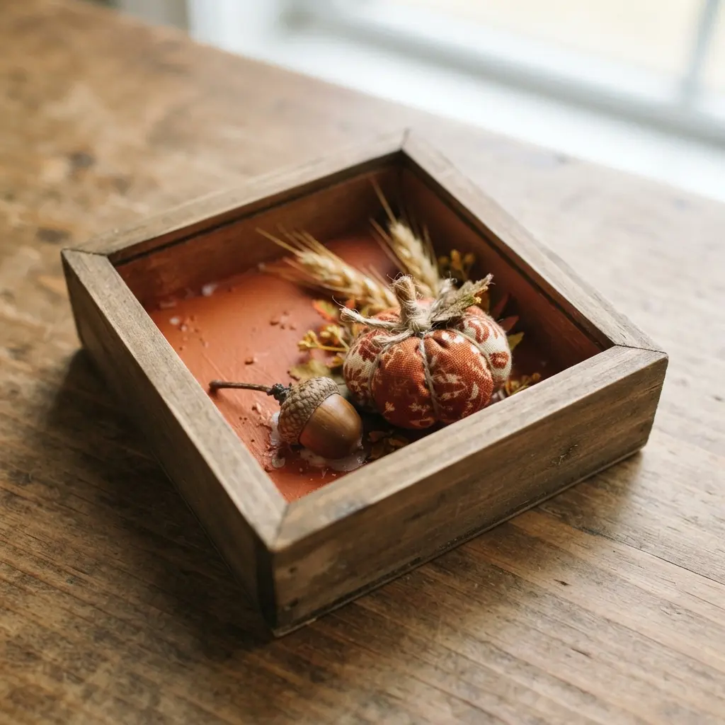 An autumn shadow box ornament with a tiny fabric pumpkin, a real acorn cap, and dried wheat stalks on an orange background.