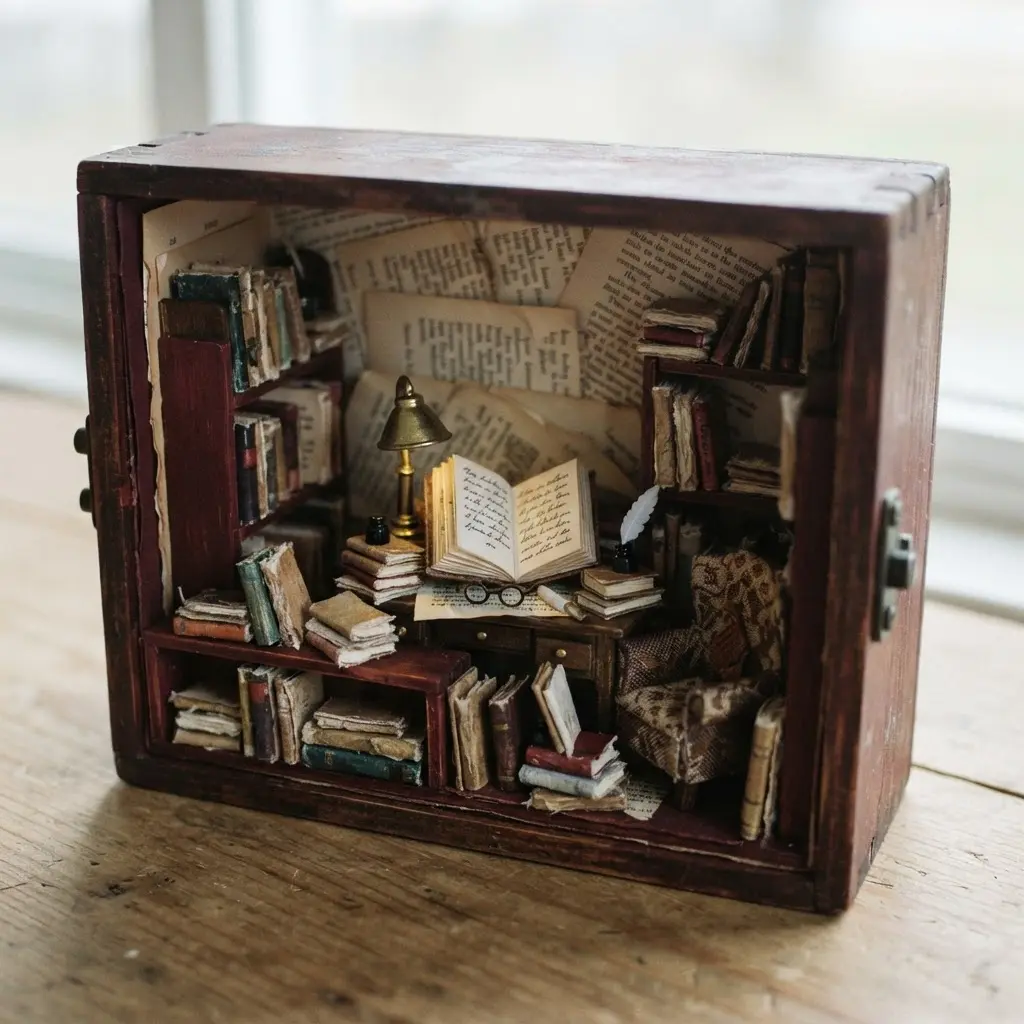 A literary shadow box ornament showing a tiny open book, miniature spectlasses, and a backdrop of printed text.