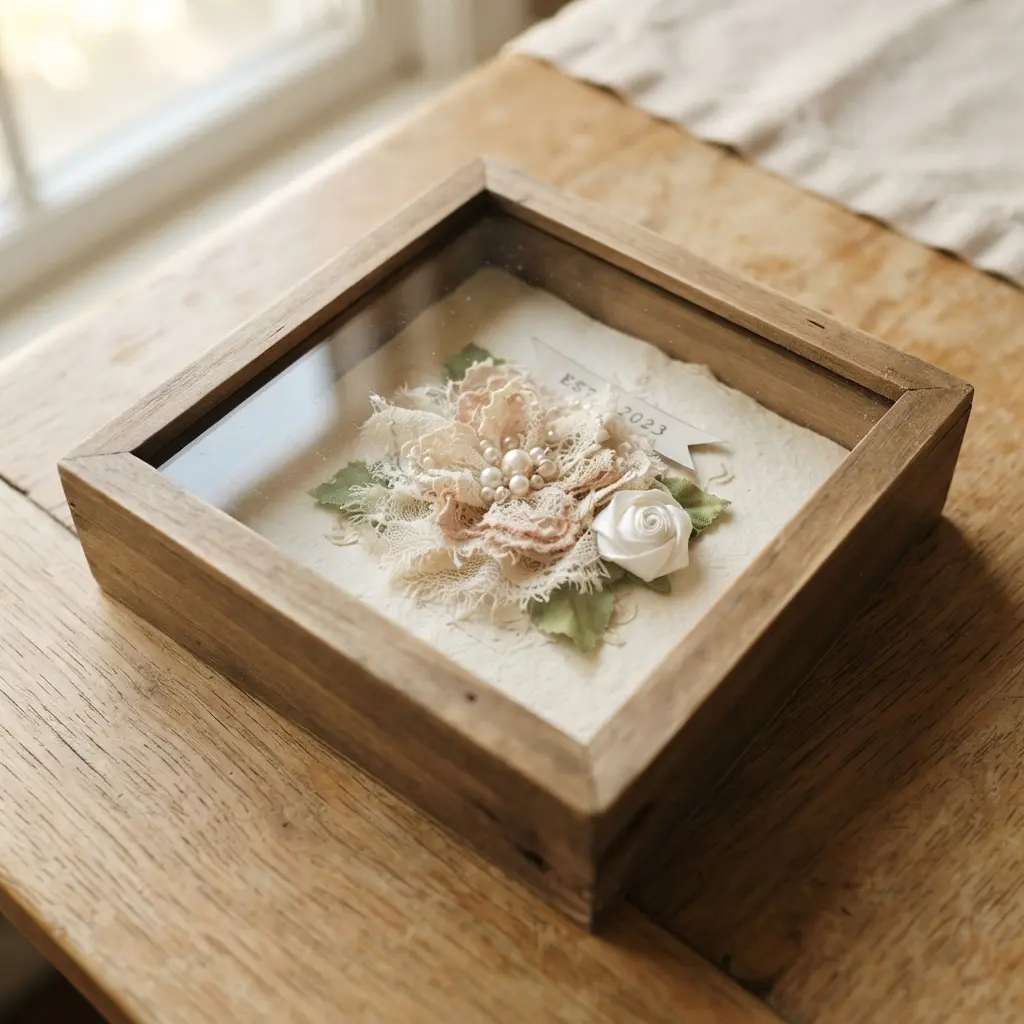 A delicate shadow box ornament with a piece of vintage lace and a small white silk rose on a cream paper background.