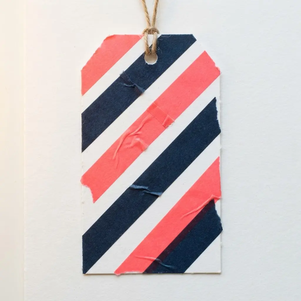 A white gift tag featuring a sharp diagonal color block design made with two different washi tapes.