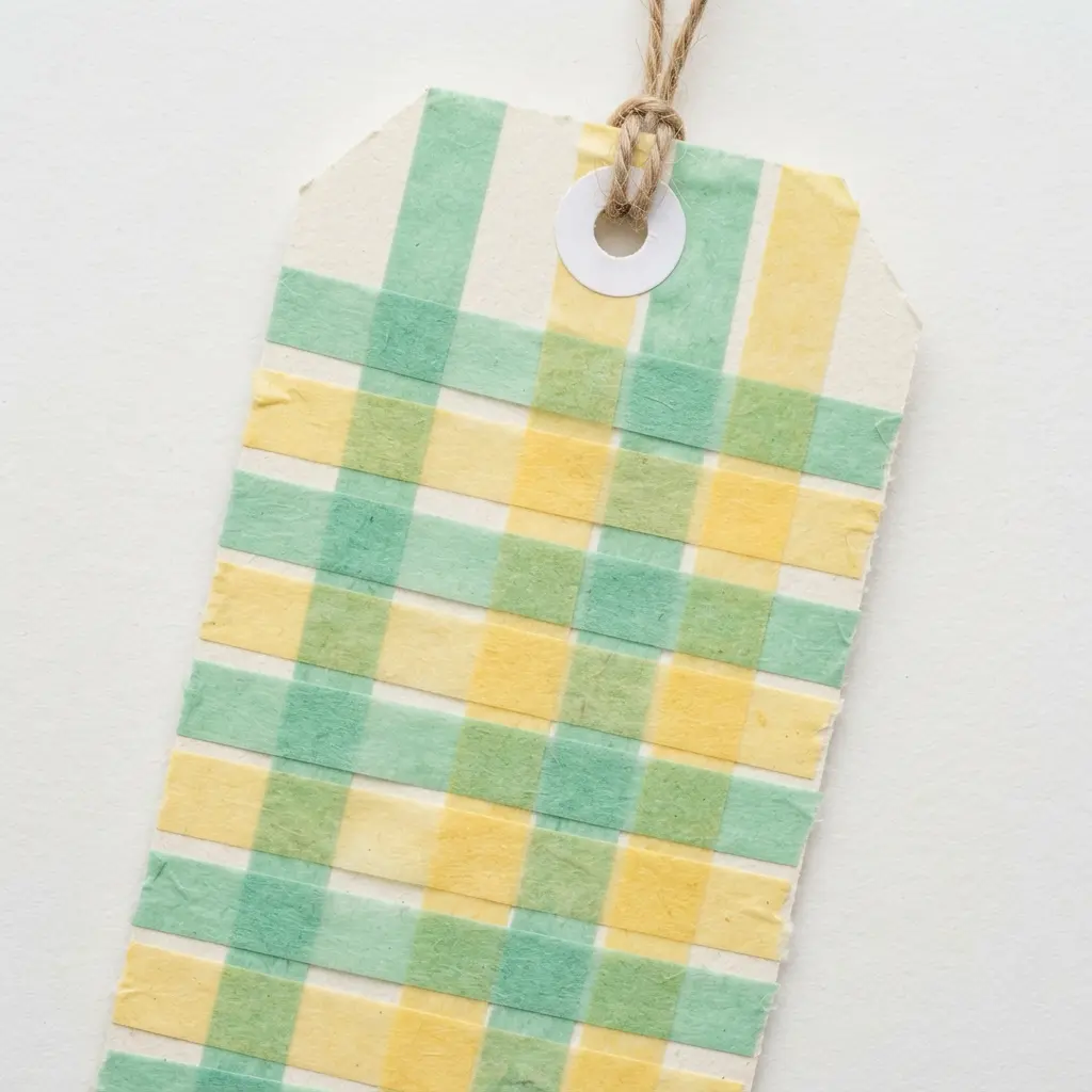 A woven checkerboard pattern on a gift tag made by layering thin strips of washi tape.