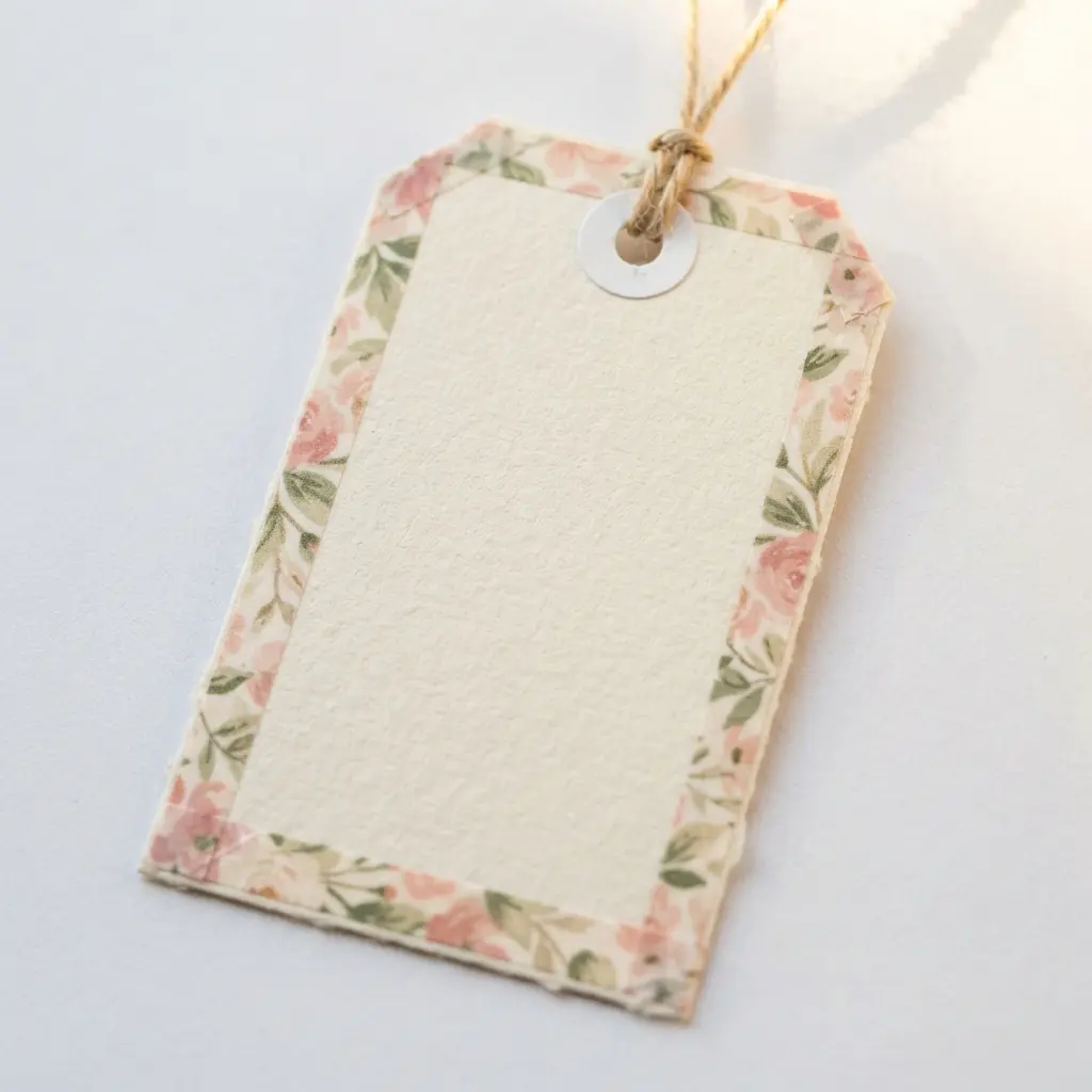 A cream-colored gift tag with a delicate floral washi tape border around all four edges.