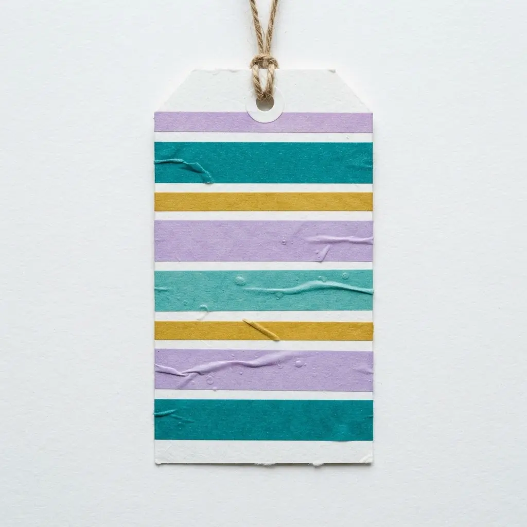 Horizontal striped gift tag created by layering washi tape strips of varying widths.