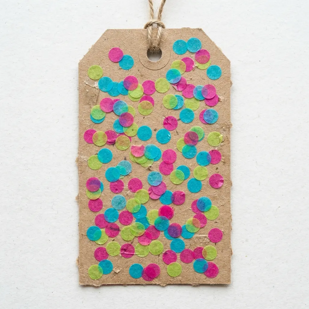 A playful gift tag covered in small confetti dots made by punching circles from washi tape.