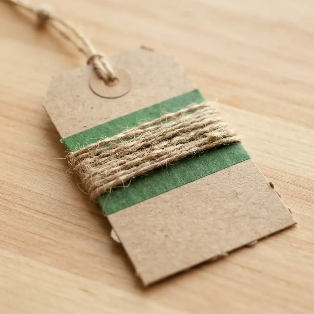 A rustic gift tag featuring a strip of washi tape wrapped with a length of twine for texture.
