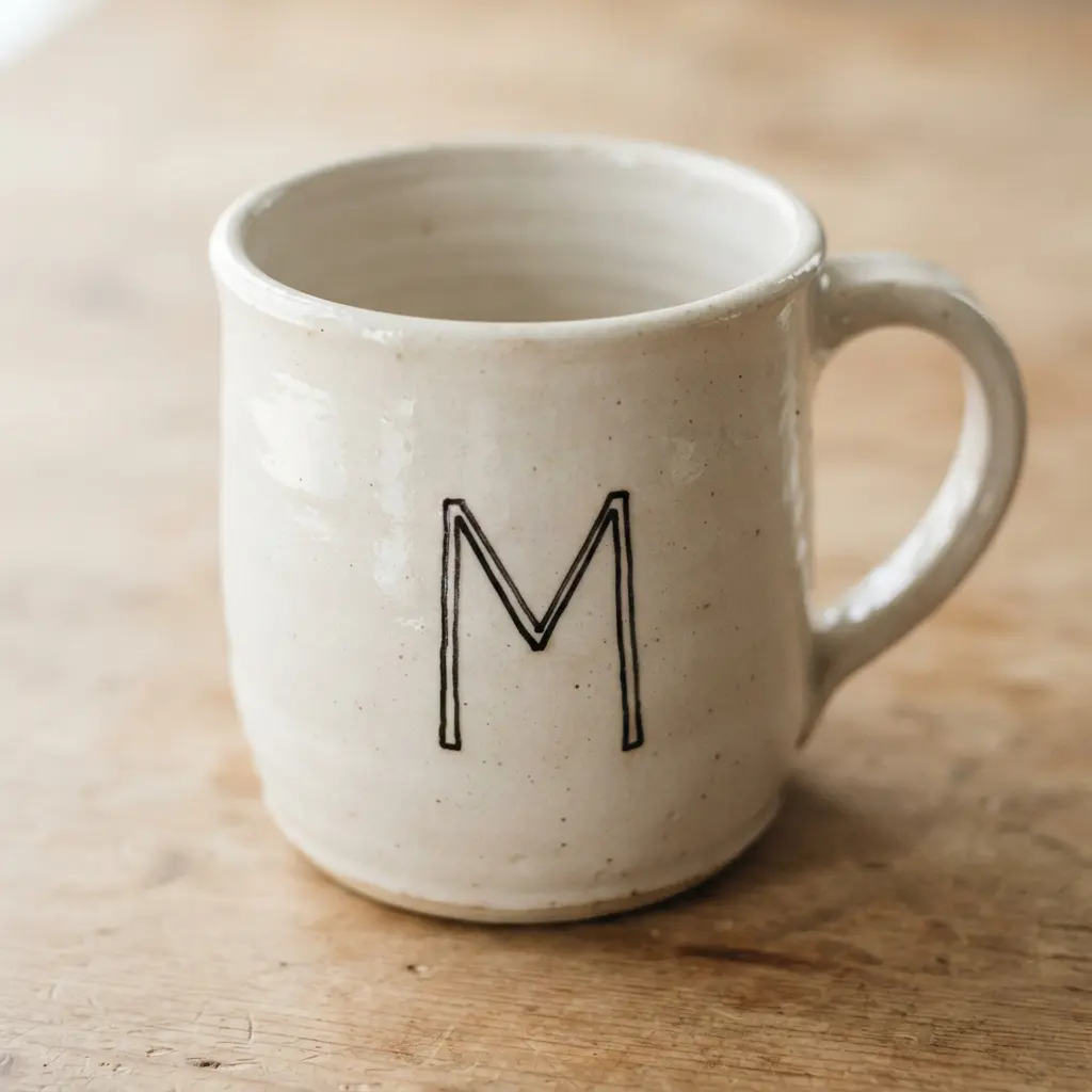 A white coffee mug featuring a custom hand-drawn letter monogram in black permanent marker.