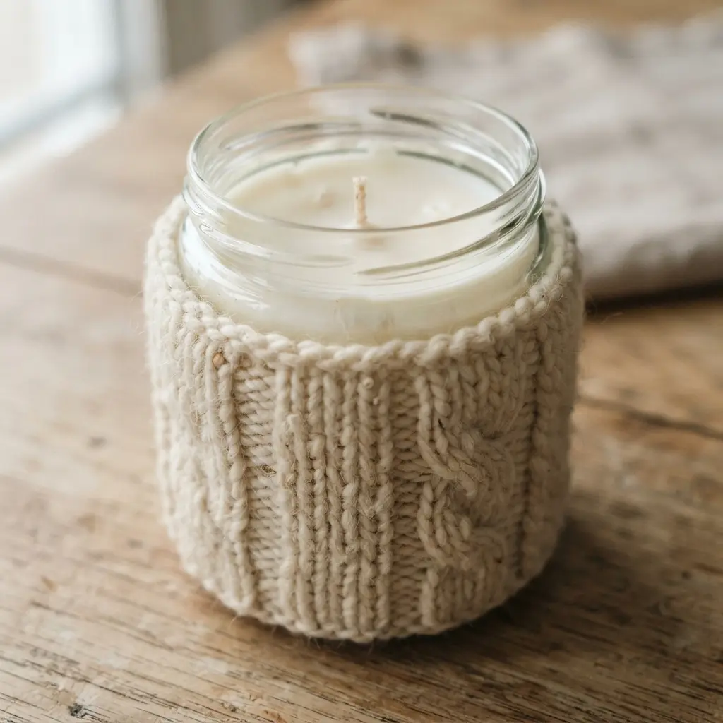 A glass jar candle with a vanilla scent, wrapped in a cozy cream-colored knit sleeve.