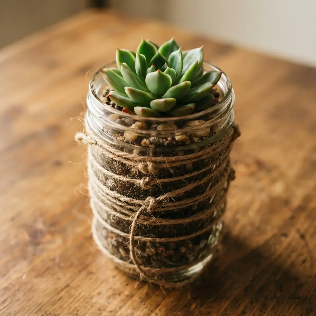 A small green succulent planted in a clear mason jar wrapped with natural twine.