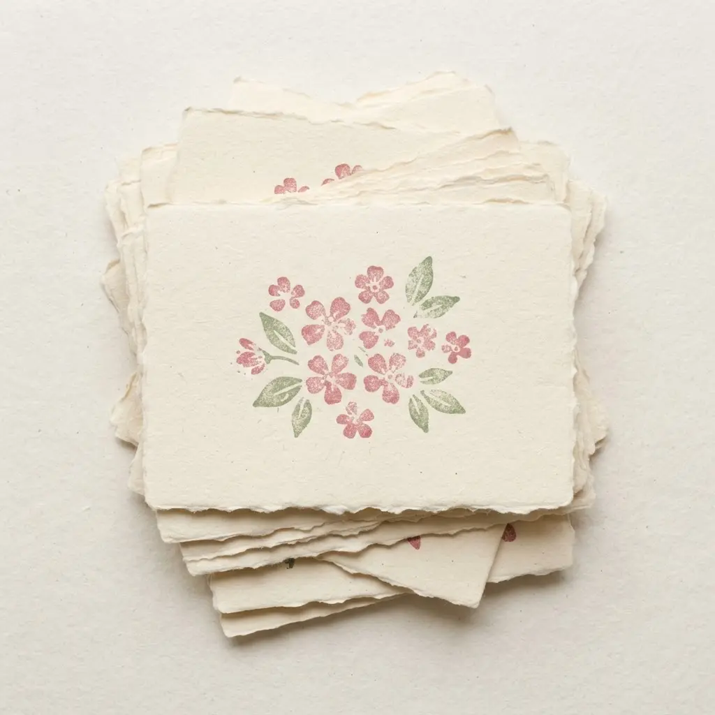 A small stack of cream-colored note cards with hand-stamped thank you messages and floral designs.