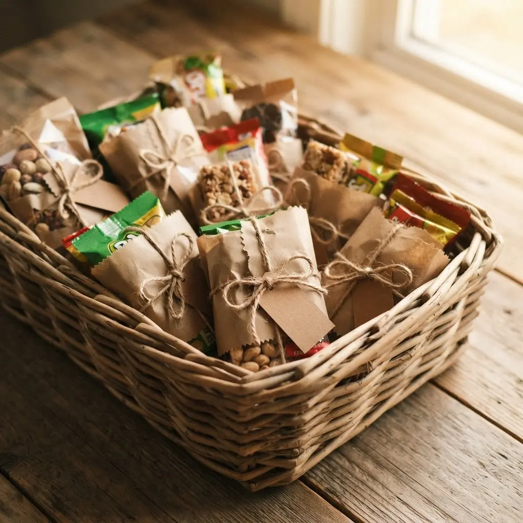 A rustic wicker basket filled with packaged snacks, all wrapped in brown craft paper tied with a ribbon.