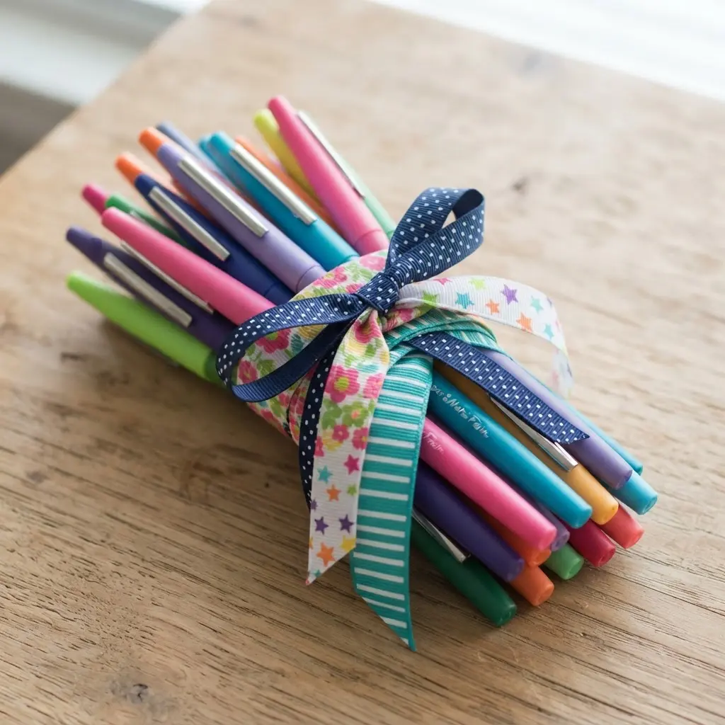 A bouquet of assorted colorful flair pens tied together with patterned ribbons.