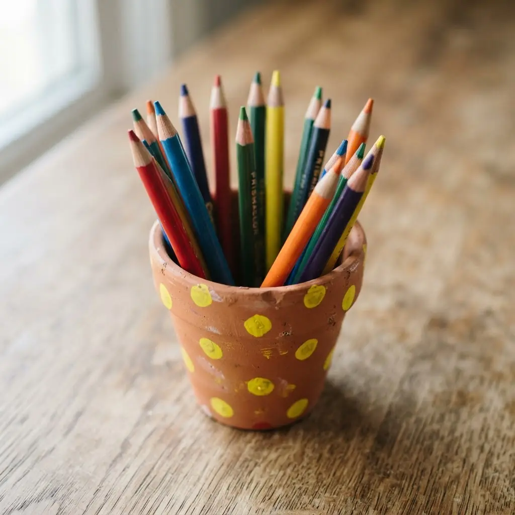 A small terracotta pot painted with bright yellow polka dots, filled with colored pencils.