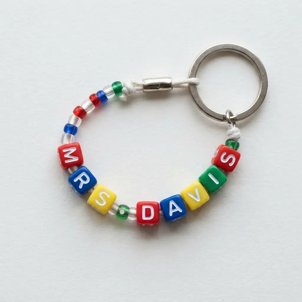 A silver key ring holding a beaded chain with colorful alphabet beads spelling out a name.