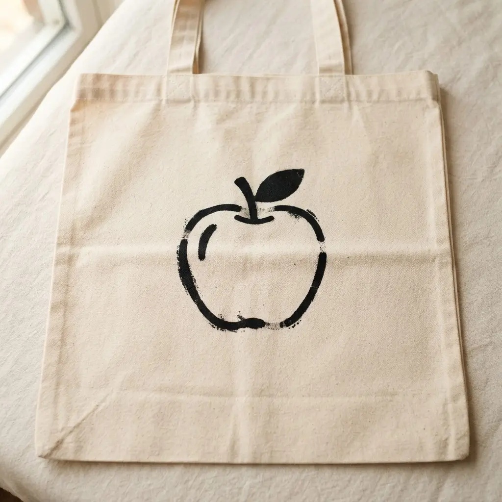 A natural canvas tote bag featuring a simple black stenciled design of an apple.