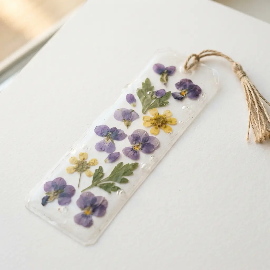 A clear, laminated bookmark with small pressed purple and yellow flowers visible inside.