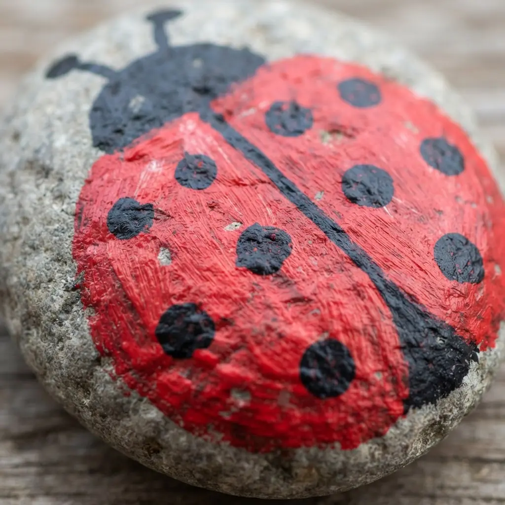 A child's easy painting project showing a red rock with black ladybug spots.