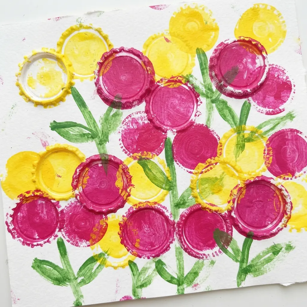Easy stamping art for kids using a bottle cap to create flower shapes.