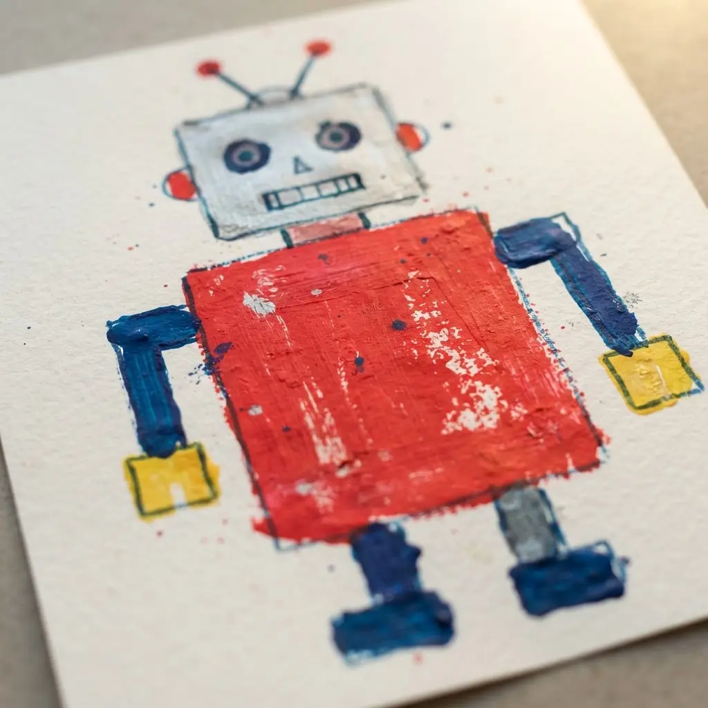 A child's painting of a friendly robot made from simple geometric shapes.