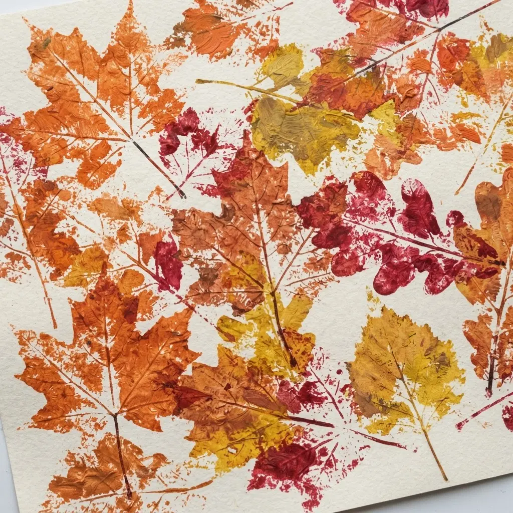 Nature art project showing autumn leaf prints made with paint.